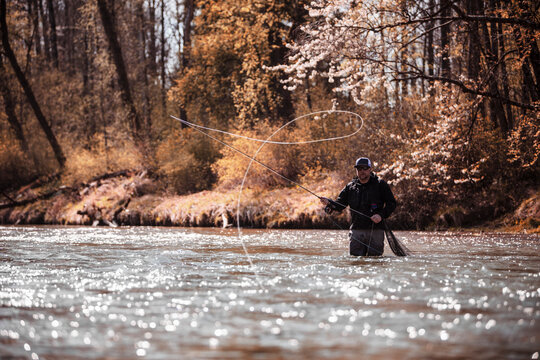 Fly Fisherman casting fishing line while standing in river at forest