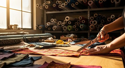 Seamstress cuts patterned fabric precisely on a large wooden table surrounded by rolls of textile material in a sunlit workshop.