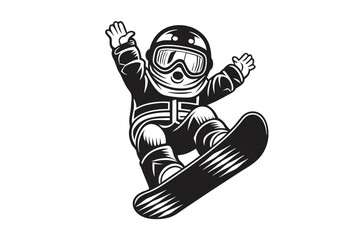 Snowboarder in black and white suit executes a stylish jump with arms outstretched on a board © Sonda