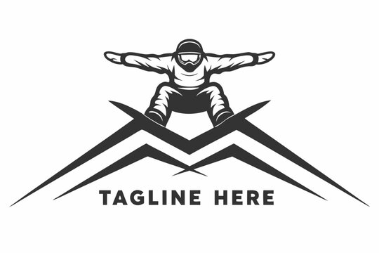 Snowboarder in action wearing helmet and goggles above stylized mountains