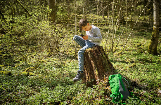 Full length of boy sitting on tree stump while using smart phone in Swabian Jura forest during hiking