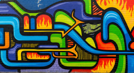 Obraz premium Abstract street art mural with flowing colorful lines and flame motifs on a brick wall