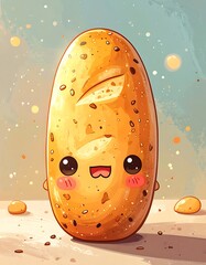 Whimsical, cute loaf of bread with a happy face and blushing cheeks against a softly blurred bokeh background