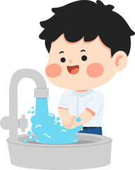 young male scrubbing hands with flowing tap water and soap encouraging proper hygiene routine