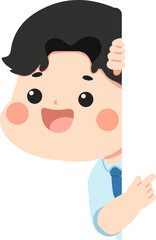 playful young male character hiding behind wall edge showing curious expression and shy gesture