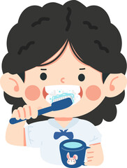 young kid cleaning teeth using brush and rinsing with water from cup promoting daily hygiene habit