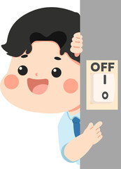 young male reaching to wall switch to turn off lamp demonstrating energy saving habit at home
