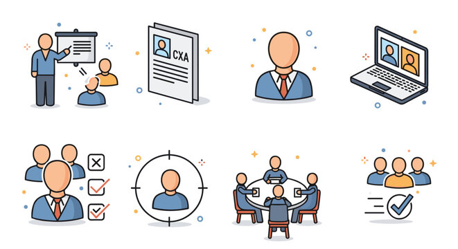 A collection of business and teamwork icons in flat modern vector style, ideal for corporate presentations and training materials