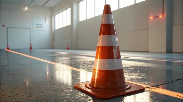 Traffic Cone on Wet Floor with Dramatic Lighting and Window Reflections, Stock Media