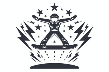 Stripped character wearing glasses happily rides a skateboard with his arms up in monochrome © Sonda