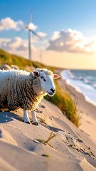 Sheep grazes on a sandy dune against a backdrop of windmills, beach and sea at sunset