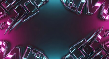 Metallic chrome shapes with vibrant pink and cyan neon lighting frame a dark central copy space for futuristic design.