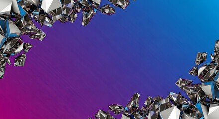 Scattered silver faceted gems border a smooth dark blue and magenta color transition area suitable for presentation slides.