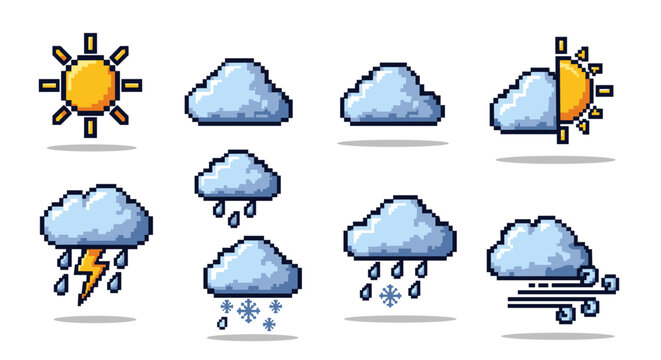 A set of weather icons including sun, clouds, rain, snow, and wind in pixel art vector style, perfect for weather apps and forecasts