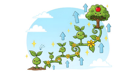 A sequence of a small plant character growing into a large apple tree with upward arrows