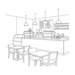 Modern Coffee Shop Interior Line Art Illustration with Counter, Tables and Pendant Lights