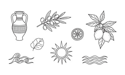 Mediterranean Symbols Line Art Set with Olive Branch, Lemon, Sun, Waves and Amphora Vase Illustration