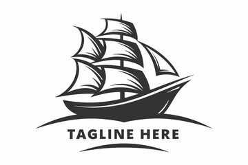 Stylized monochrome ship sails powerfully on the sea with company text below it © Sonda