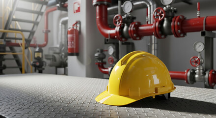 Fototapeta premium A yellow hard hat lies on the industrial floor amidst machinery and pipes in a factory setting viewed from a slight angle