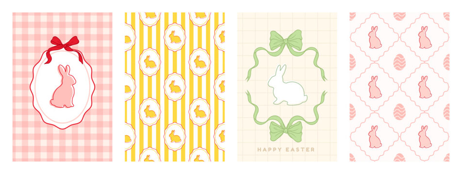 Happy Easter coquette seamless pattern set. Vintage design with bunny, egg and bow. Pastel posters. Whimsical greeting card. Gingham and striped background. Vector illustration
