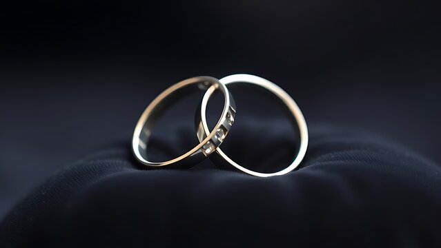 Two silver wedding bands overlapping on dark velvet fabric. lifestyle magazines, social media lookbooks, designed for lifestyle magazines and social media content.