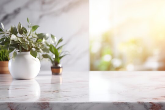 Empty marble surface with blurred green plants and sunny outdoor bokeh in background