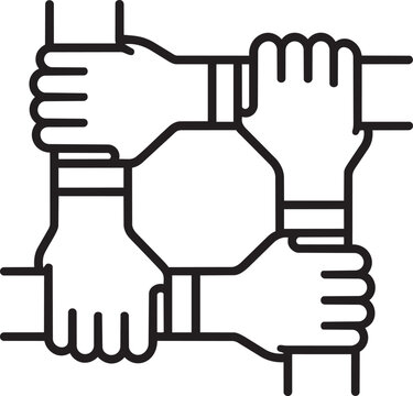 four hands holding together in a square formation representing strong teamwork and solid business collaboration isolated outline vector graphic