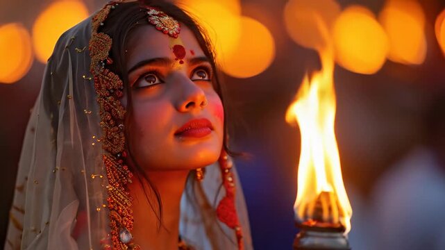 Devout young South Asian woman reverently participates in Holika Dahan, holding a ceremonial torch during the sacred bonfire festival signifying good's triumph