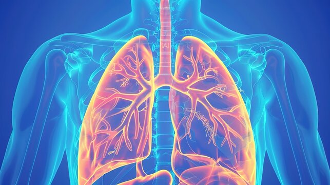 Medical illustration of cystic fibrosis, a genetic inherited disorder affecting the respiratory and digestive systems, characterized by thick mucus production in lungs, pancreas, and other organs