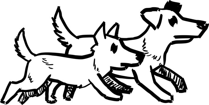 Running dogs sketch, hand drawn pair of pet playing and running fast together. Cute running dogs illustration, isolated black outline on white.