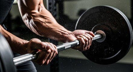 Barbell Training in Gym: A close-up shot captures an individual's hands gripping a barbell, muscles flexed, during an intense weightlifting workout.