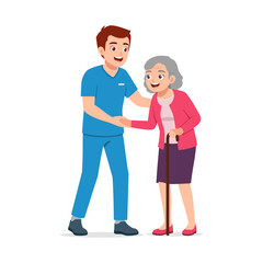 Fototapeta premium Young male caregiver helps happy smiling elderly woman with walking stick support on a white background