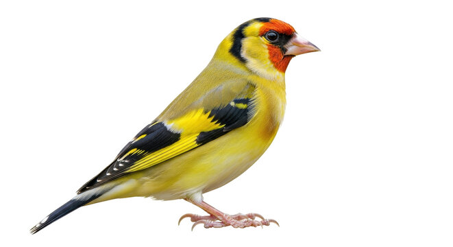 Isolated European goldfinch Carduelis carduelis is a small passerine bird with red face
