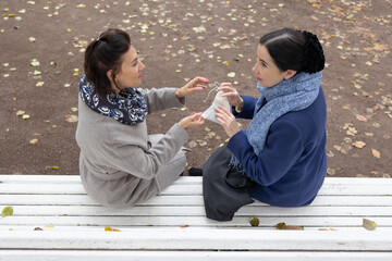 Two Mature Women Talking on Park Bench in Autumn 