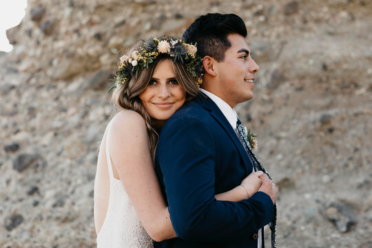 Happy bridal couple at the beach