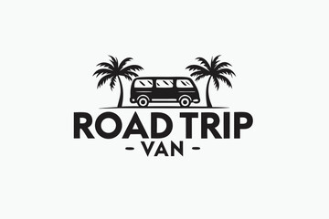 Obraz premium Stylized black van between two palm trees above the words road trip van