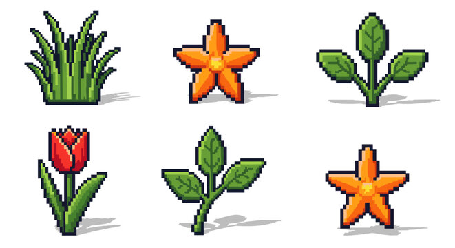 A collection of pixel art plants featuring grass, orange star flowers, green leaves, and red tulips in vibrant vector style, suitable for game design or botanical illustrations