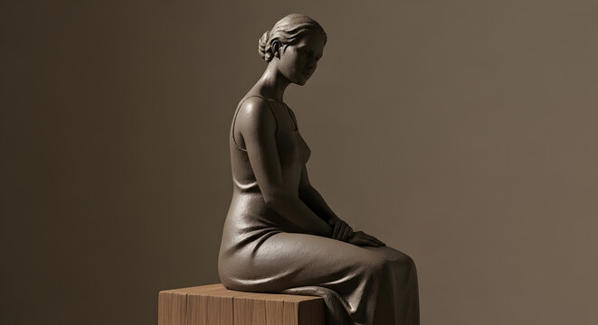 A bronze or clay sculpture of a woman in a long dress sitting gracefully on a wooden block with hands crossed