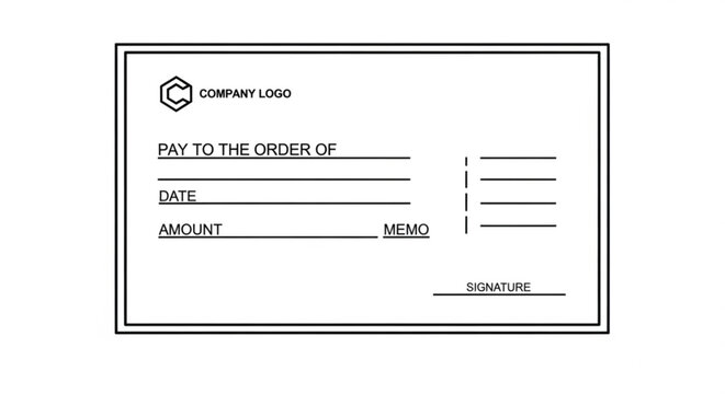 A blank business check template with fields for payment details