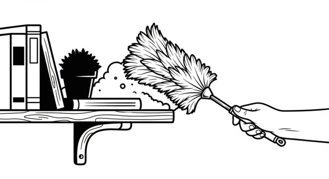 A hand holding a feather duster sweeps over a desk with books and plants in a tidy workspace from a slight angle
