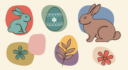 Fototapeta premium A collection of cute rabbits and decorated Easter eggs in modern pastel vector style, perfect for spring holiday designs