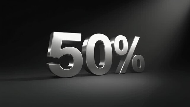 3D metallic 50 percent text appearing under a spotlight on a dark background for sale and discount concepts