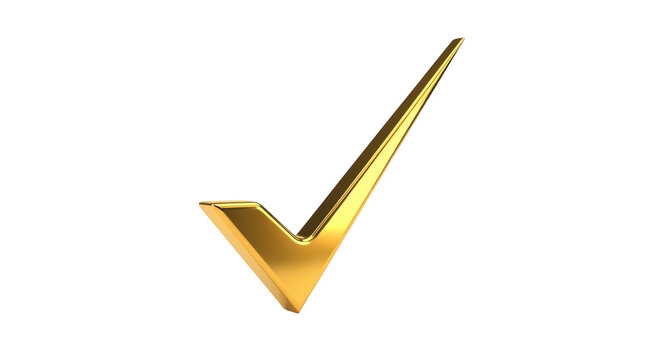 Isolated golden check mark in 3D rendering for approval or verification, correctness