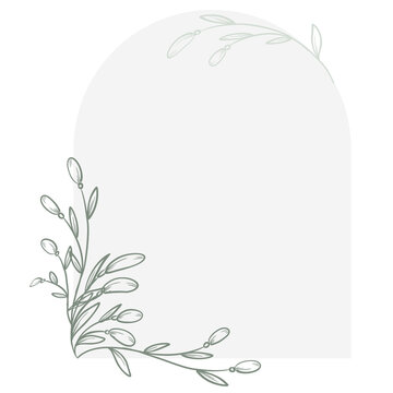Natural vintage arch for greetings, background, flower wreath, elegant monogram with hand-drawn leaves, grass, natural elements 