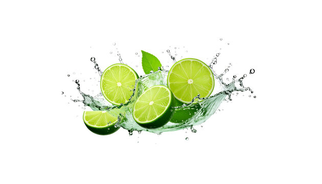 A slice of lemon falls into cold water, sending splashes and bubbles flying against a white background