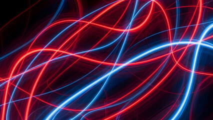 Vibrant neon lights swirling in abstract patterns of blue and red, creating a dynamic display of energy and movement