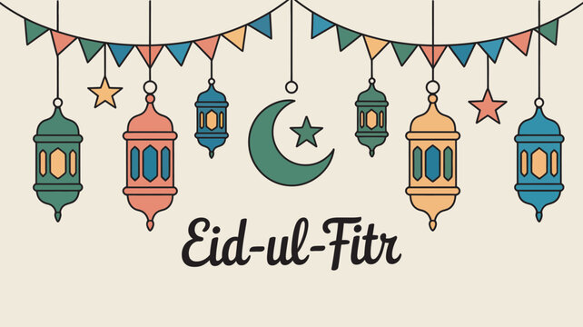 A vibrant "Eid-ul Fitr" banner adorned with an array of colorful lanterns, a central crescent moon and star, and decorative flags on a light beige background.