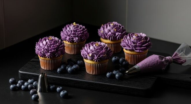 Artistic purple flower cupcakes adorned with gold leaf and fresh blueberries, presented on a dark slate