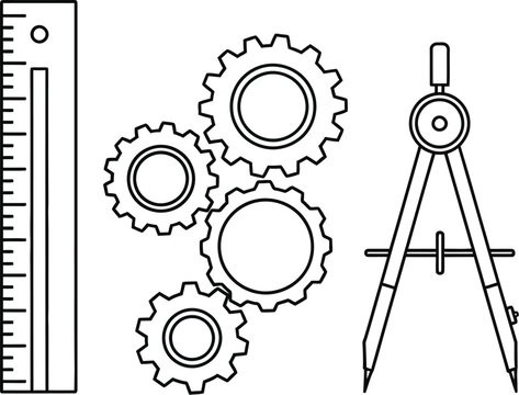 Simple line art illustration showcasing essential engineering tools including a precise measuring ruler interlocking gears and a professional drafting compass for design work
