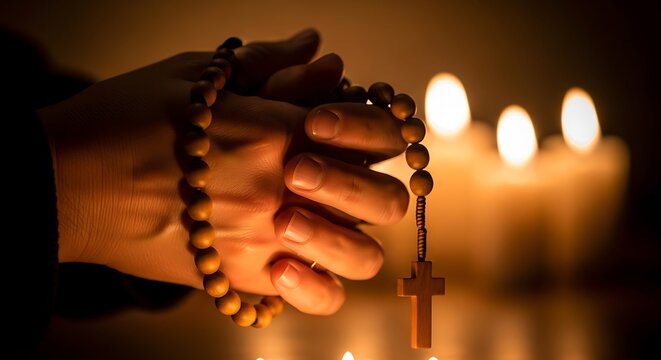 Hands holding rosary beads with cross pendant in prayerful gesture near candles